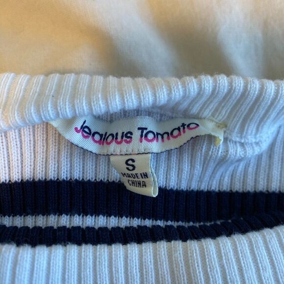 White and Blue Striped Ribbed Off The Shoulder‎ Long Sleeve Women's Size Small - Picture 2 of 5